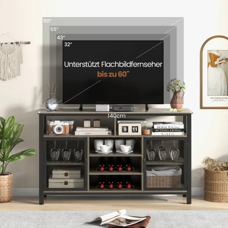 Costway - Sideboard, mit 2 Metallgittertüren, Weinregal, Flaschenregal, Offenen Fächern, Weinregalen, Weinglashaltern, Grau