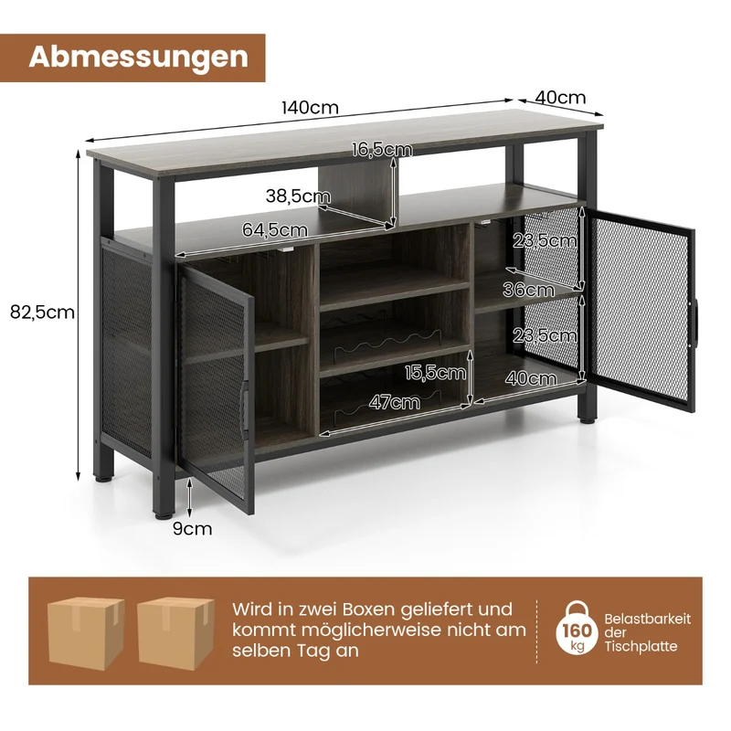 Costway - Sideboard, mit 2 Metallgittertüren, Weinregal, Flaschenregal, Offenen Fächern, Weinregalen, Weinglashaltern, Grau