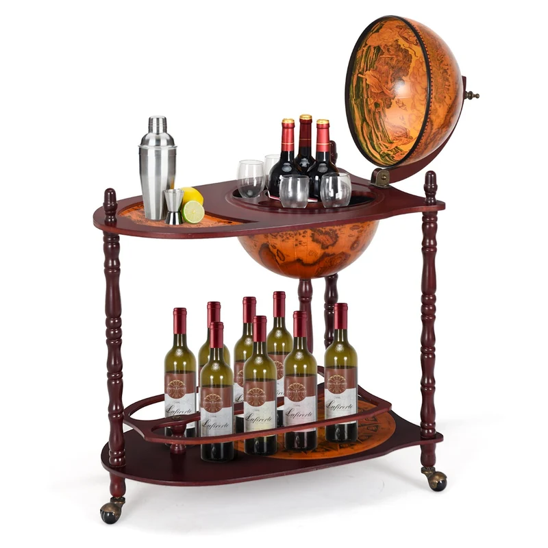 Costway - Flaschenregal, Weinregal mit Rollen, Globusbar aus Eukalyptusholz auf 3 Rollen zum Öffnen Heimbar
