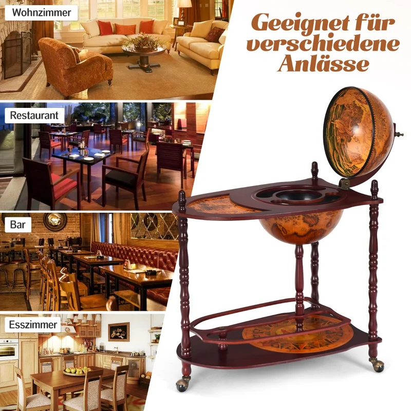 Costway - Flaschenregal, Weinregal mit Rollen, Globusbar aus Eukalyptusholz auf 3 Rollen zum Öffnen Heimbar