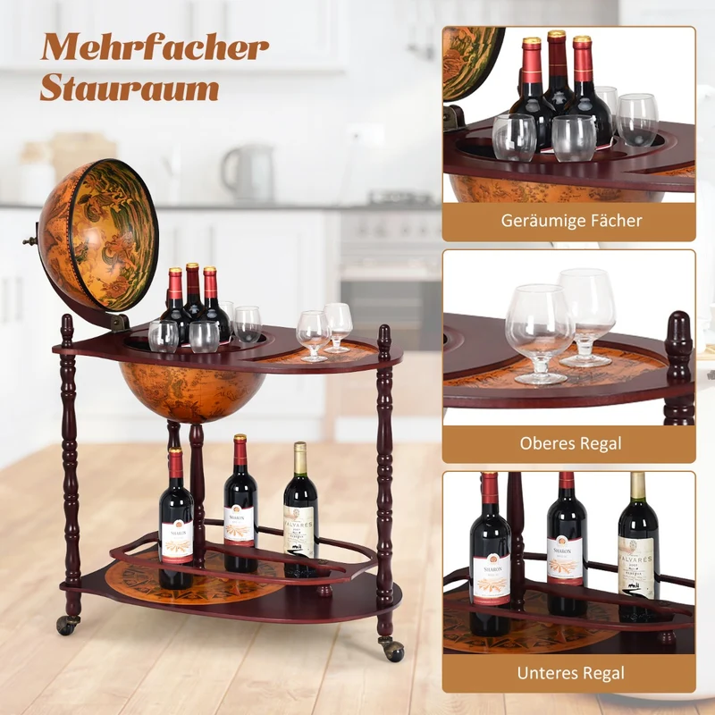 Costway - Flaschenregal, Weinregal mit Rollen, Globusbar aus Eukalyptusholz auf 3 Rollen zum Öffnen Heimbar