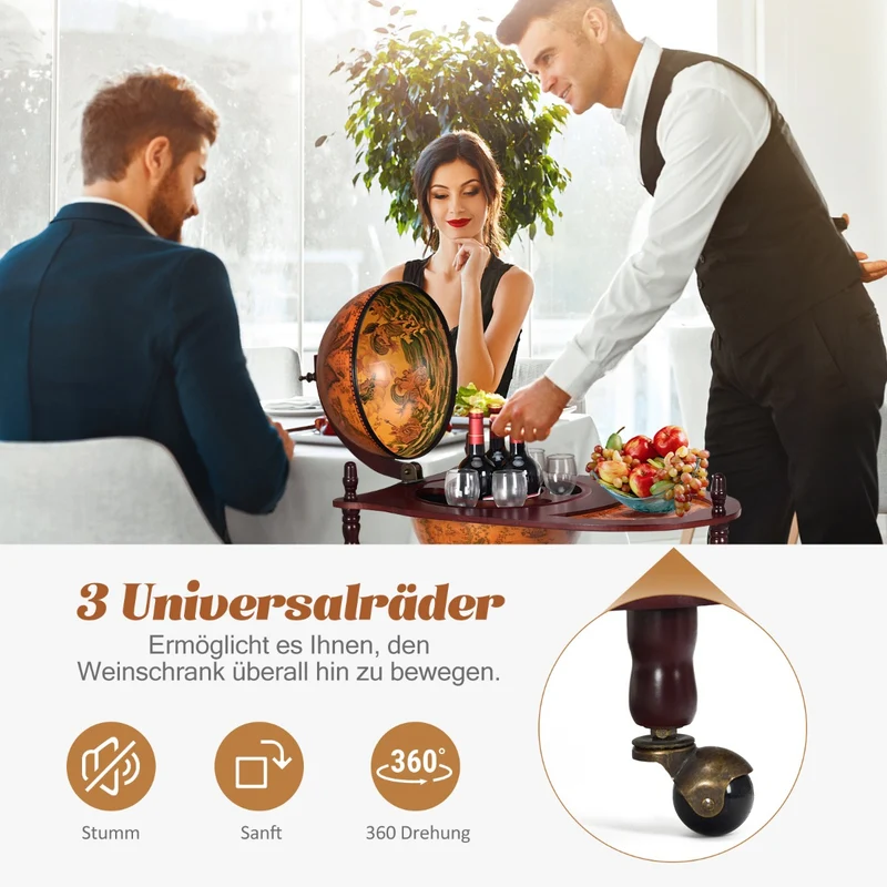 Costway - Flaschenregal, Weinregal mit Rollen, Globusbar aus Eukalyptusholz auf 3 Rollen zum Öffnen Heimbar