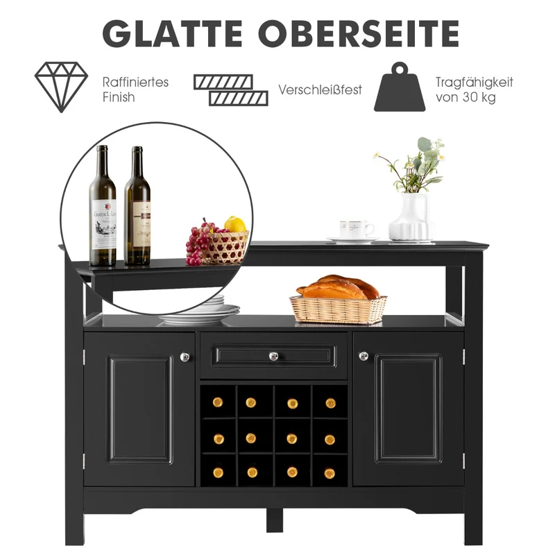 Costway - Sideboard, Weinregal, Flaschenregal, Modernes Esszimmerbuffet mit Weinregal und Schränken & Schublade 117 x 40,5 x 82,5 cm Schwarz