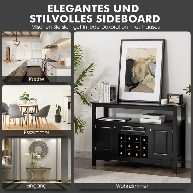 Costway - Sideboard, Weinregal, Flaschenregal, Modernes Esszimmerbuffet mit Weinregal und Schränken & Schublade 117 x 40,5 x 82,5 cm Schwarz