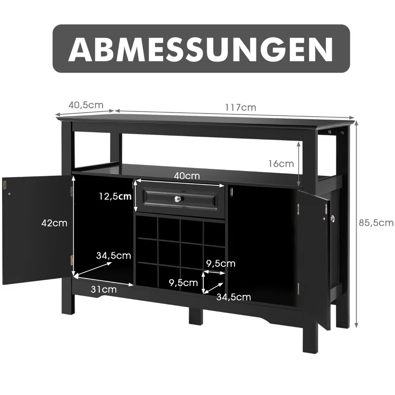 Costway - Sideboard, Weinregal, Flaschenregal, Modernes Esszimmerbuffet mit Weinregal und Schränken & Schublade 117 x 40,5 x 82,5 cm Schwarz