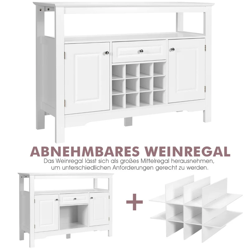 Costway - Sideboard, Modernes Esszimmerbuffet mit Kreuzförmigem, Weinregal, Flaschenregal, Offenem Regal 2 Schränken & Schublade Weiß