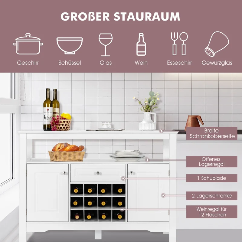 Costway - Sideboard, Modernes Esszimmerbuffet mit Kreuzförmigem, Weinregal, Flaschenregal, Offenem Regal 2 Schränken & Schublade Weiß