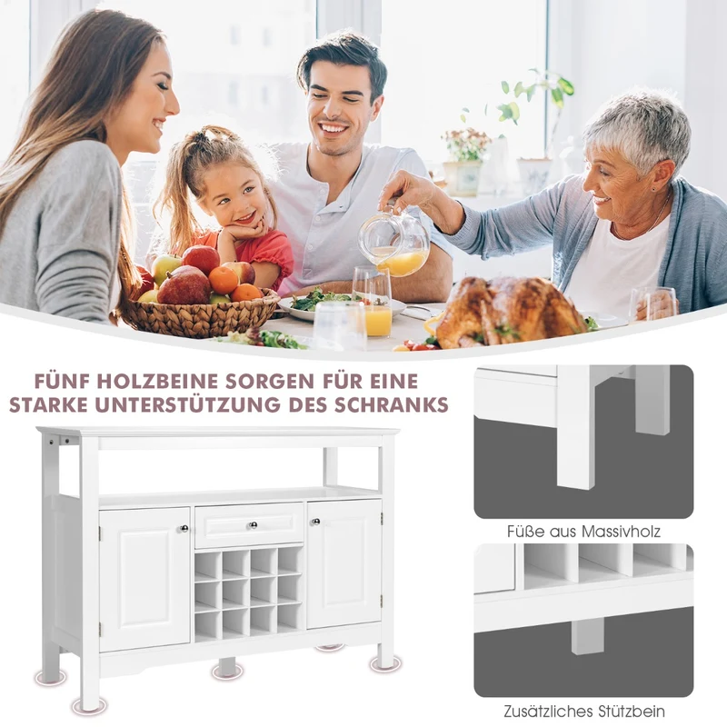 Costway - Sideboard, Modernes Esszimmerbuffet mit Kreuzförmigem, Weinregal, Flaschenregal, Offenem Regal 2 Schränken & Schublade Weiß