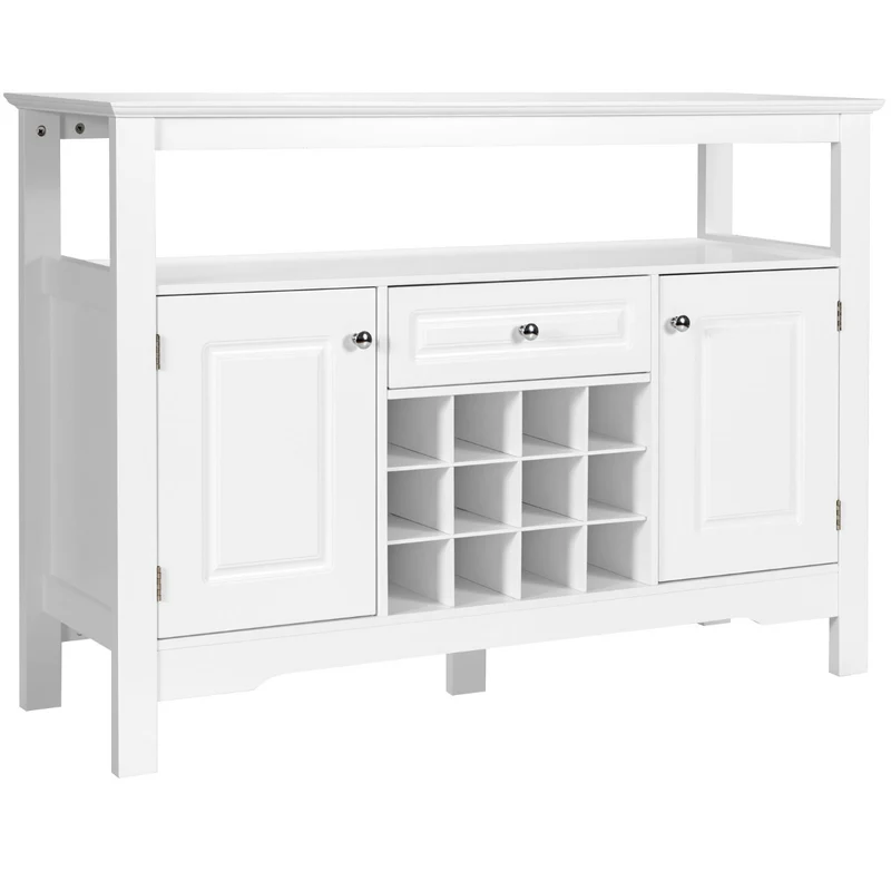 Costway - Sideboard, Modernes Esszimmerbuffet mit Kreuzförmigem, Weinregal, Flaschenregal, Offenem Regal 2 Schränken & Schublade Weiß