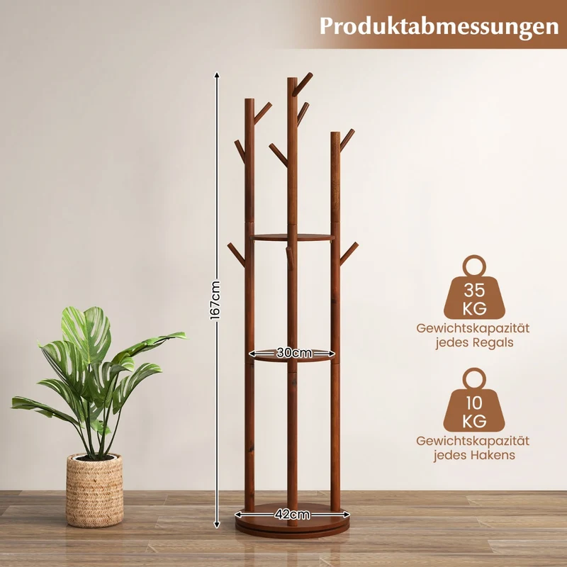 Costway – Drehbarer Garderobenständer aus Holz mit 3 Ablagen und 9 Haken, 42 × 167 cm, Walnuss