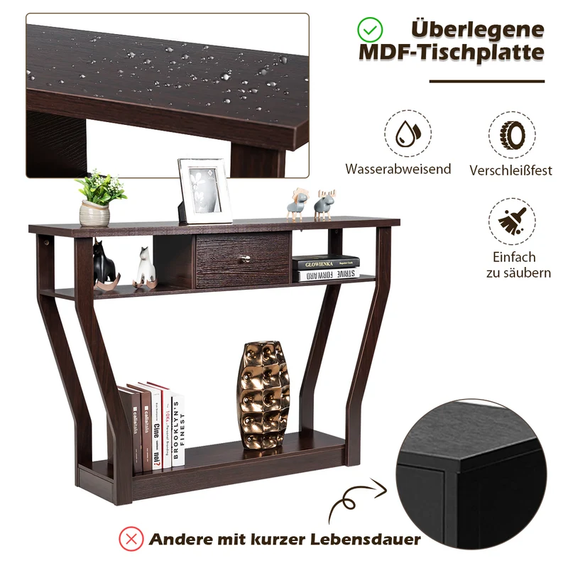 Costway - Konsolentisch, Konsolentisch Schmal, Flurtisch mit Schublade und Regal, 120 x 30 x 81 cm, Braun