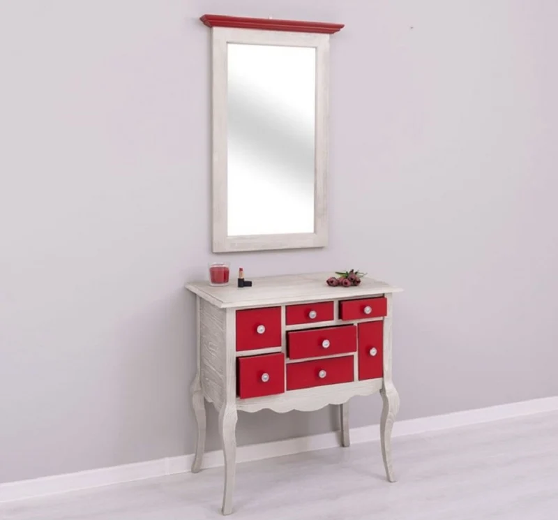 Casa Padrino Landhausstil Kommode mit Spiegel Hellgrau / Rot - Massivholz Schrank mit Wandspiegel - Landhausstil Garderoben Möbel