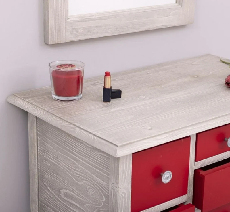 Casa Padrino Landhausstil Kommode mit Spiegel Hellgrau / Rot - Massivholz Schrank mit Wandspiegel - Landhausstil Garderoben Möbel