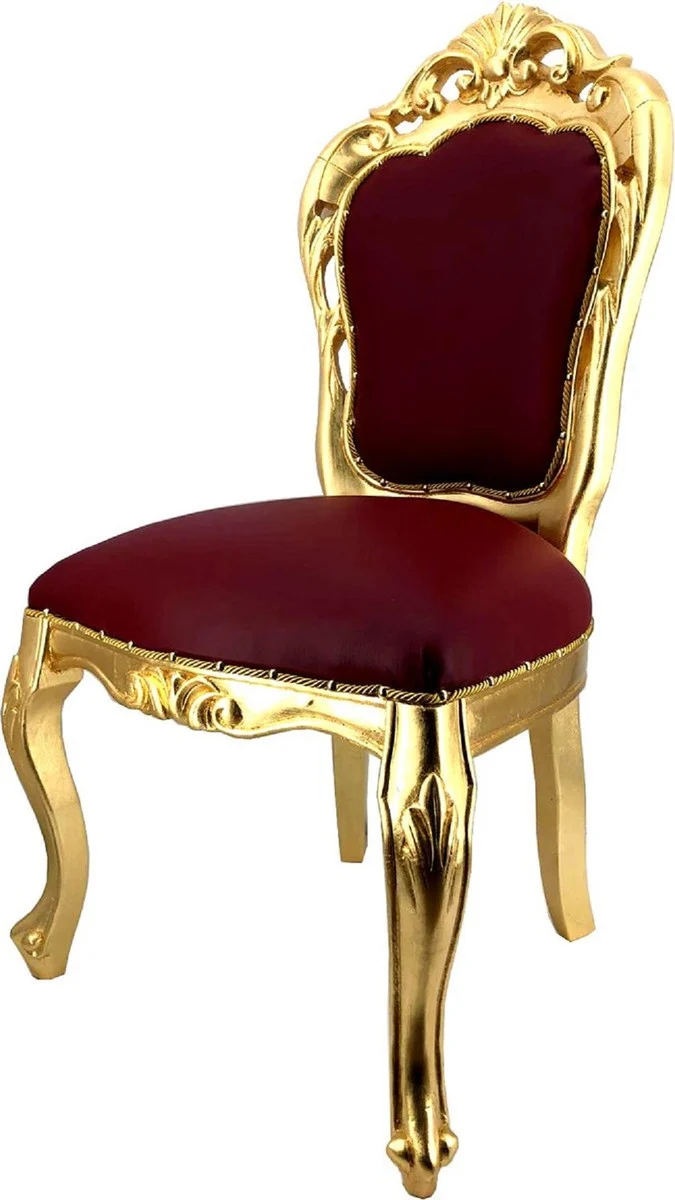 Casa Padrino Luxus Barock Esszimmerstuhl Set Bordeauxrot / Gold - 4 handgefertigte Esszimmerstühle mit Lederoptik - Barock Esszimmer Möbel