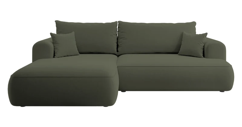 Ecksofa mit Schlaffunktion Ovo, L-förmig, olivgrüner Samt mit Stauraum, aus pflegeleichtem Stoff, linksseitig