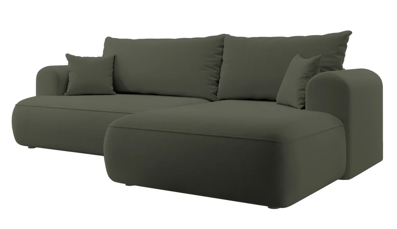 Ecksofa mit Schlaffunktion Ovo, L-förmig, olivgrüner Samtstoff mit Stauraum, leicht zu reinigender Stoff, rechtsseitig