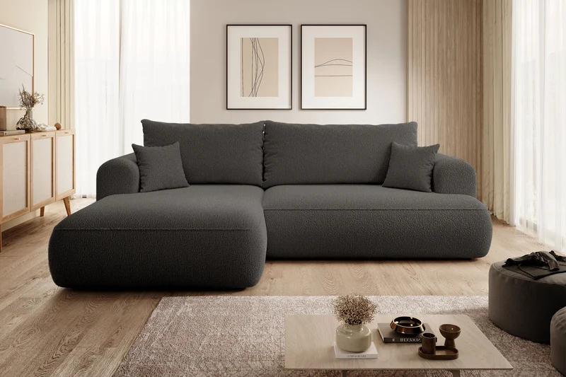 Ecksofa mit Schlaffunktion Ovo, L-förmig, dunkelgrau, mit Stauraum, Bouclé, linksseitig