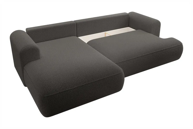 Ecksofa mit Schlaffunktion Ovo, L-förmig, dunkelgrau, mit Stauraum, Bouclé, linksseitig