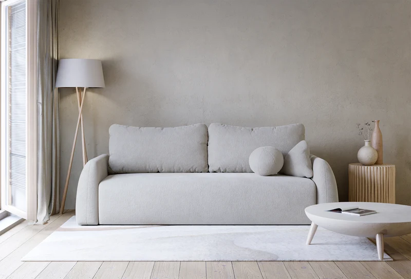 Dreisitziges ausklappbares Sofa Nubelle mit Stauraum, hellgrauer hydrophober Chenillestoff