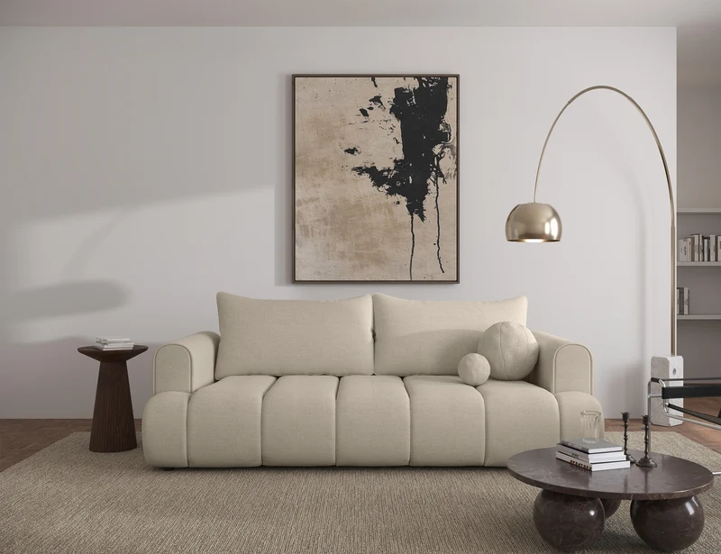 Dreisitziges Sofa Dandelino mit Schlafunktion, hellbeiger hydrophober Chenillestoff