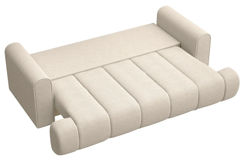 Dreisitziges Sofa Dandelino mit Schlafunktion, hellbeiger hydrophober Chenillestoff