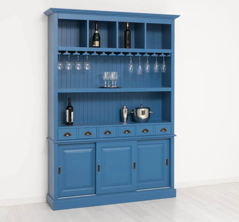 Großer Buffetschrank aus Massivholz mit Glashalterungen in verschiedenen Farben