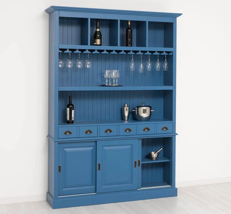Großer Buffetschrank aus Massivholz mit Glashalterungen in verschiedenen Farben