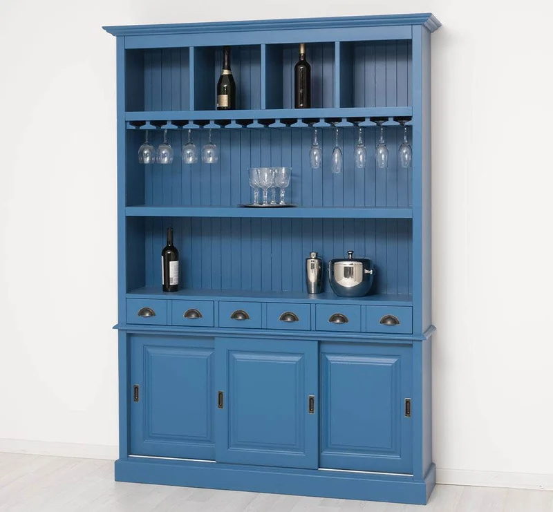 Großer Buffetschrank aus Massivholz mit Glashalterungen in verschiedenen Farben