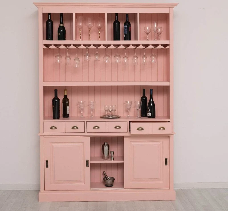 Großer Buffetschrank aus Massivholz mit Glashalterungen in verschiedenen Farben