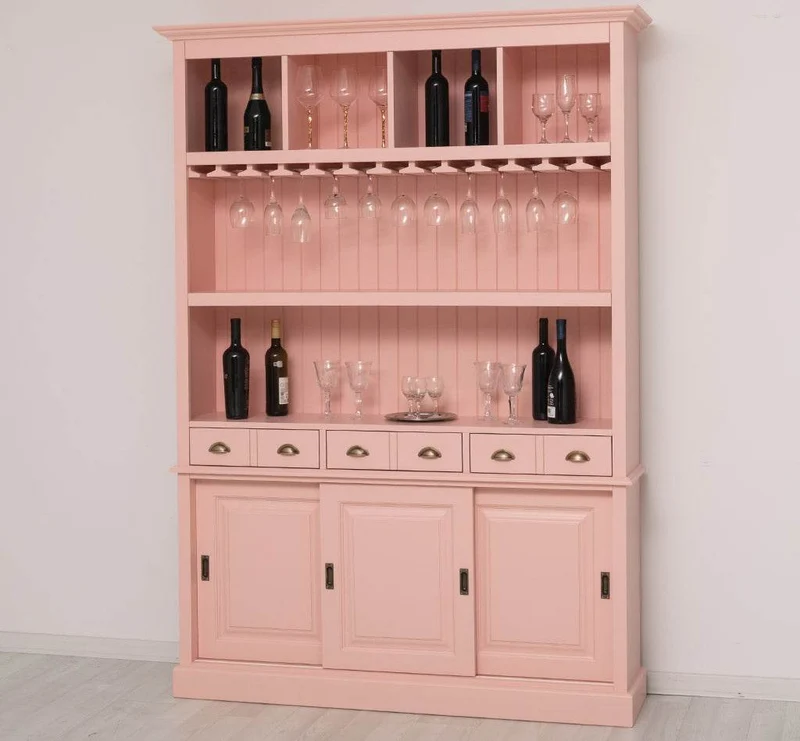 Großer Buffetschrank aus Massivholz mit Glashalterungen in verschiedenen Farben