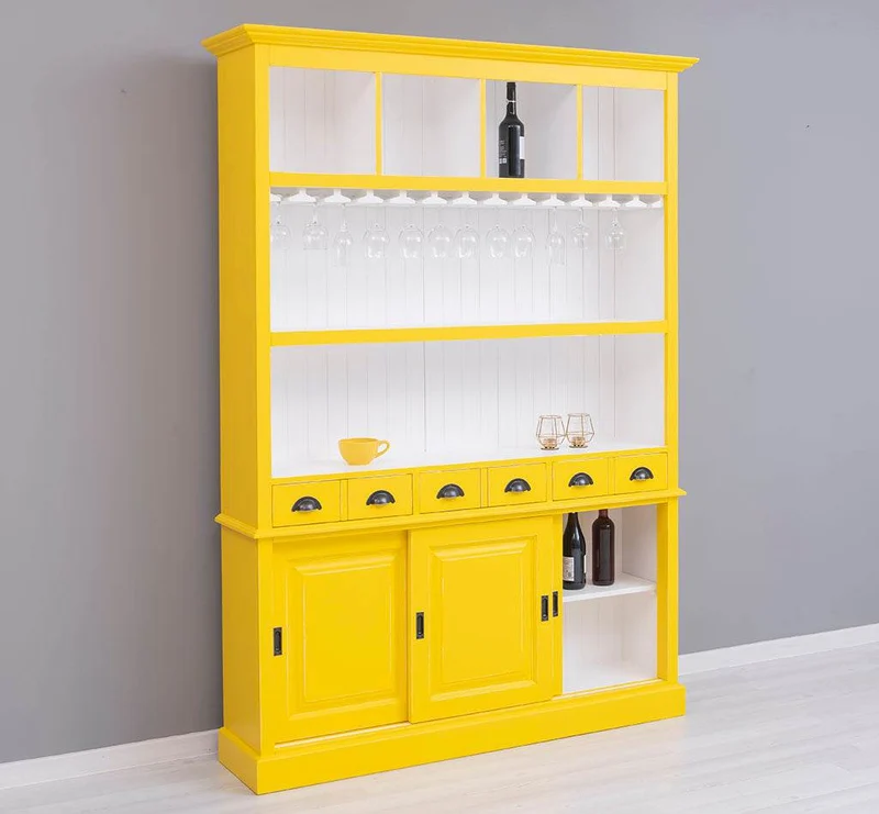 Großer Buffetschrank aus Massivholz mit Glashalterungen in verschiedenen Farben