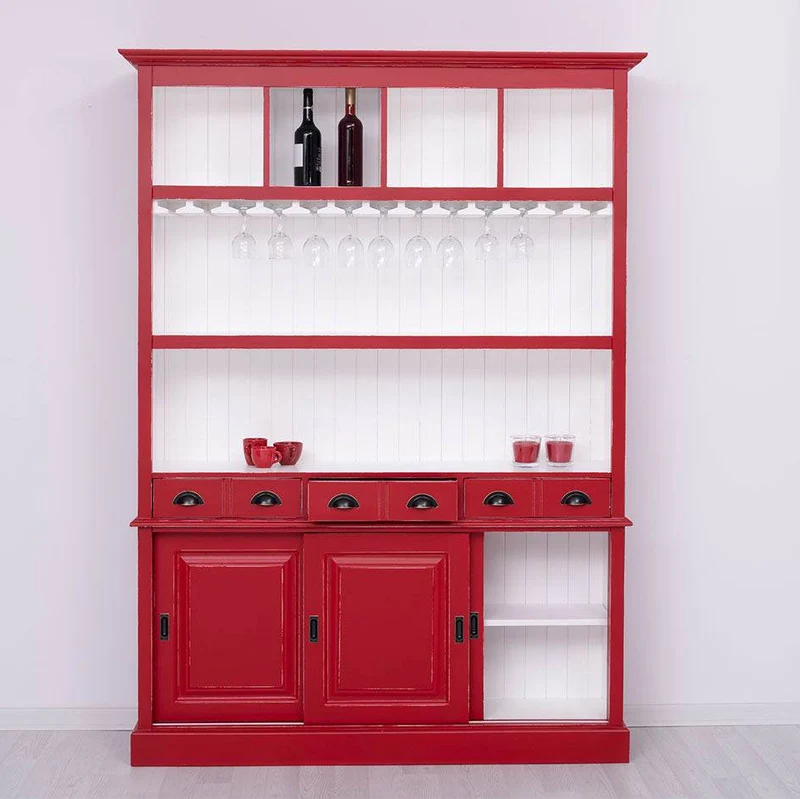 Großer Buffetschrank aus Massivholz mit Glashalterungen in verschiedenen Farben