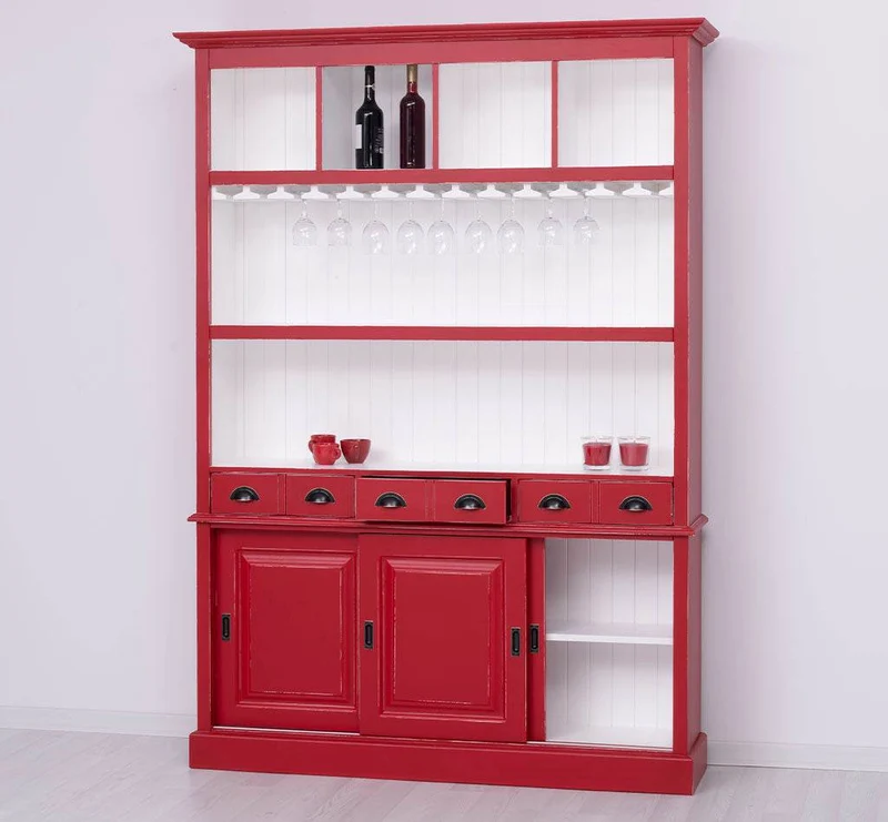 Großer Buffetschrank aus Massivholz mit Glashalterungen in verschiedenen Farben