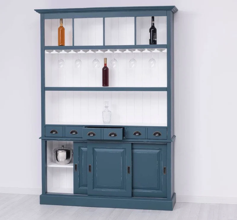 Großer Buffetschrank aus Massivholz mit Glashalterungen in verschiedenen Farben