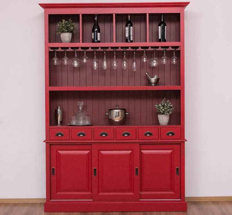 Großer Buffetschrank aus Massivholz mit Glashalterungen in verschiedenen Farben