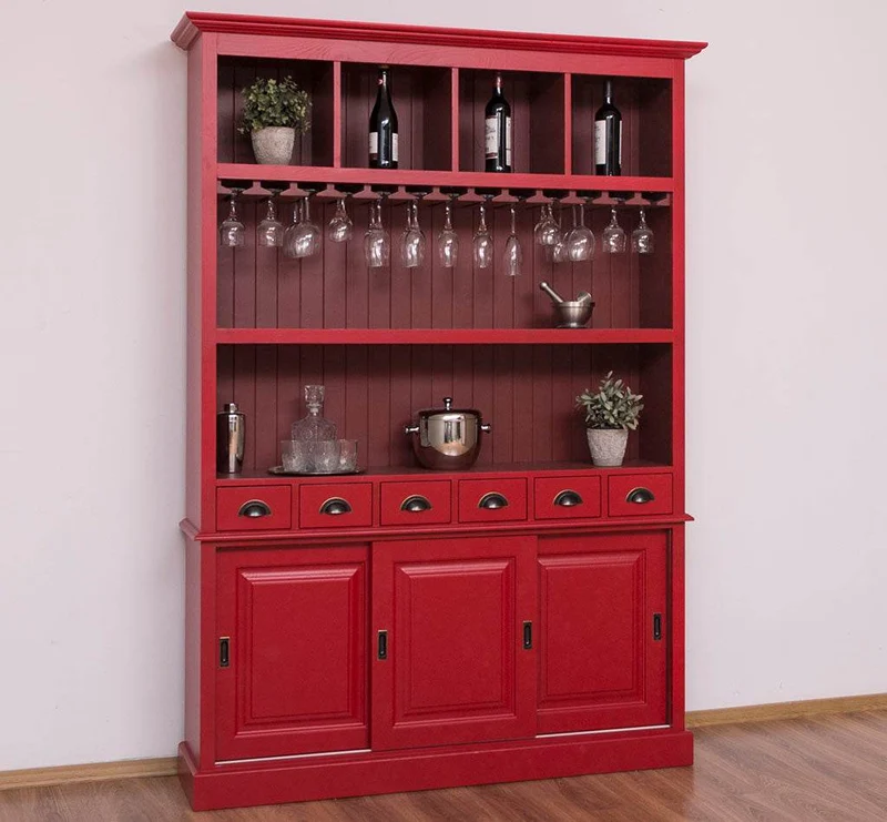 Großer Buffetschrank aus Massivholz mit Glashalterungen in verschiedenen Farben