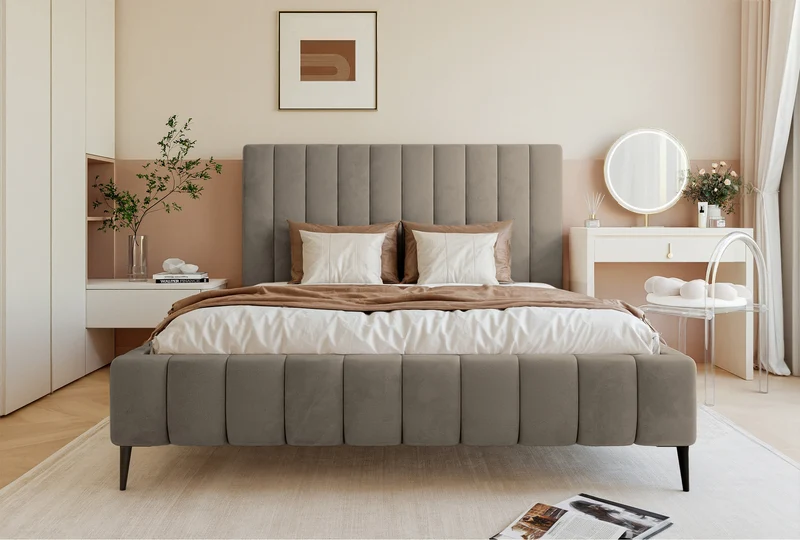 Gepolstertes Bett 160x200 cm Fiarro mit Bettkasten, grau-beiges Samt, Metallrahmen auf hohen Beinen