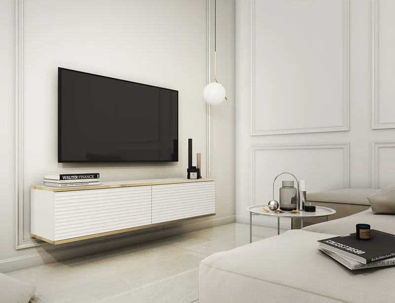 TV-Schrank Mucalma 135 cm weiß mit goldenen Lamellen-Akzenten