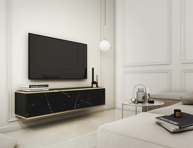 TV-Schrank Mucalma 135 cm schwarzer Marmor mit goldenen Einsätzen