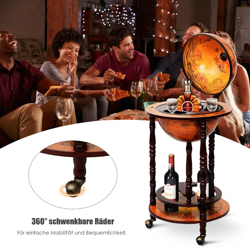 Costway – Globusbar auf 3 Rollen aus Massivholz, Ø 33 cm, mit Flaschenablage, 88 × 45 × 45 cm