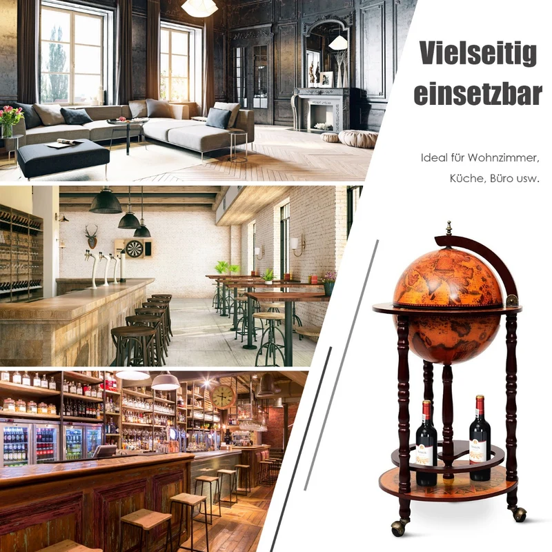 Costway – Globusbar auf 3 Rollen aus Massivholz, Ø 33 cm, mit Flaschenablage, 88 × 45 × 45 cm