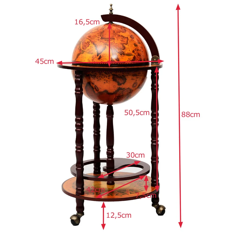 Costway – Globusbar auf 3 Rollen aus Massivholz, Ø 33 cm, mit Flaschenablage, 88 × 45 × 45 cm