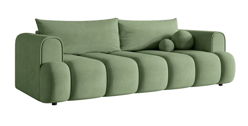 Dreisitziges Sofa Dandelino mit Schlafunktion, eukalyptusfarbener Velours, wasserabweisend