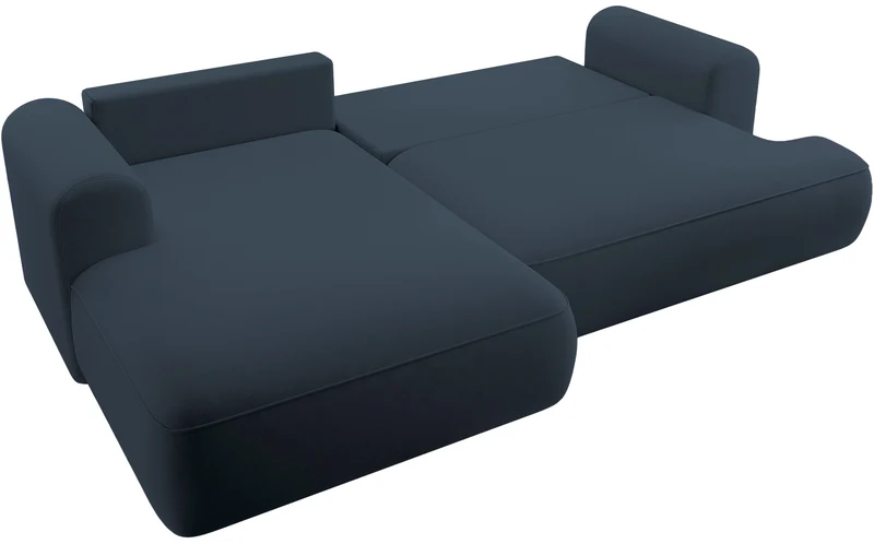 Ecksofa mit Schlaffunktion Ovo, L-förmig, marineblauer Samt mit Stauraum, aus leicht zu reinigendem Stoff, linksseitig