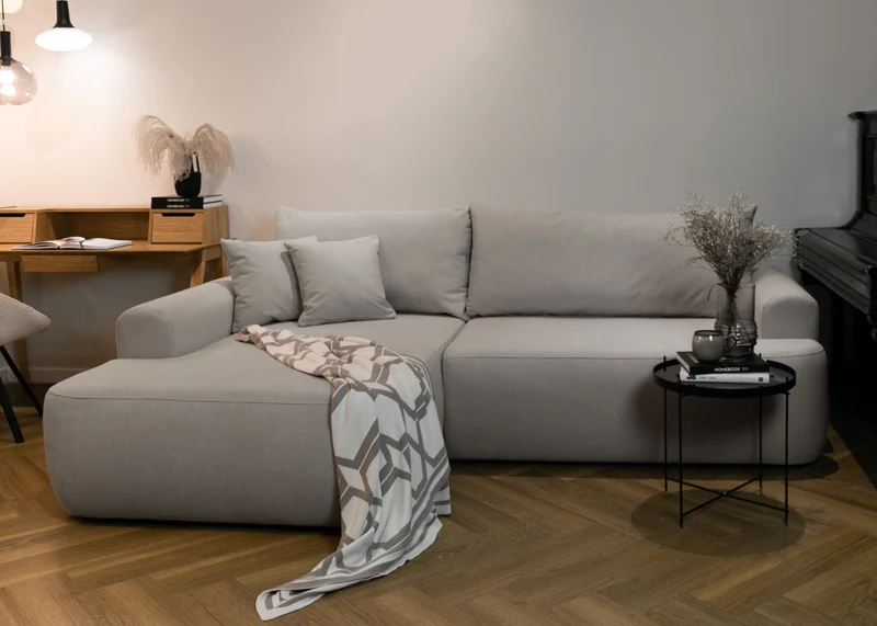 Ecksofa mit Schlaffunktion Ovo, L-förmig, grau, Samt, mit Stauraum, aus pflegeleichtem Stoff, linksseitig