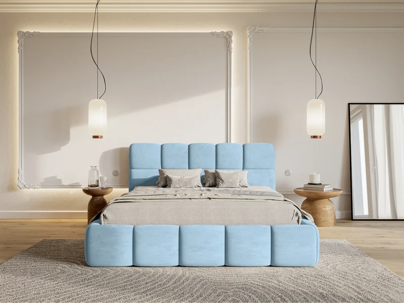 Polsterbett 160x200 cm Cloudy, hellblauer Velours, wasserabweisend und leicht zu reinigen