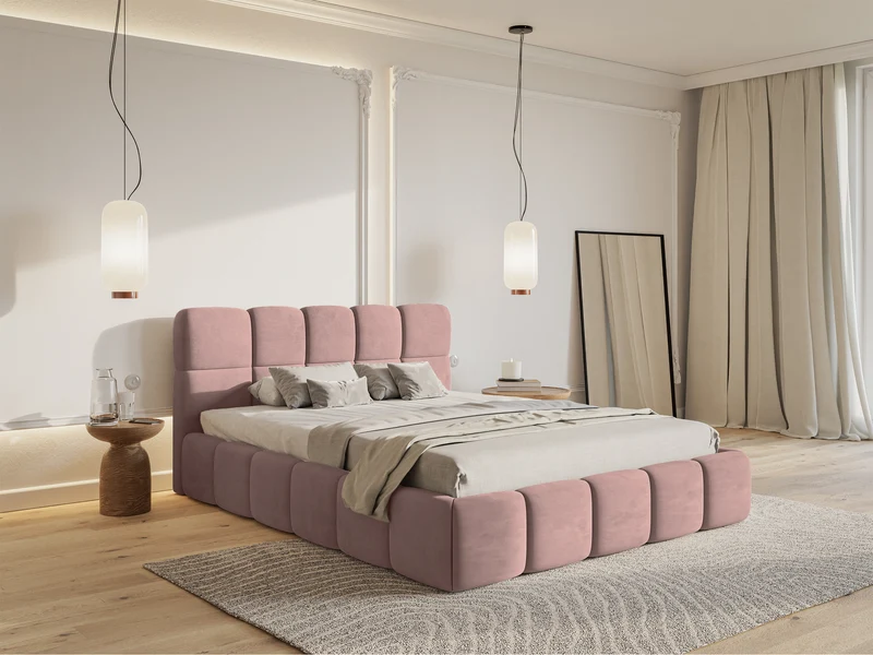 Polsterbett 180x200 cm Cloudy mit Stauraum, hellrosa Samt, wasserabweisend, pflegeleicht, Metallrahmen