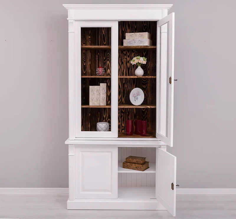 Landhaus Bücherschrank aus Massivholz | 4-türige Vitrine