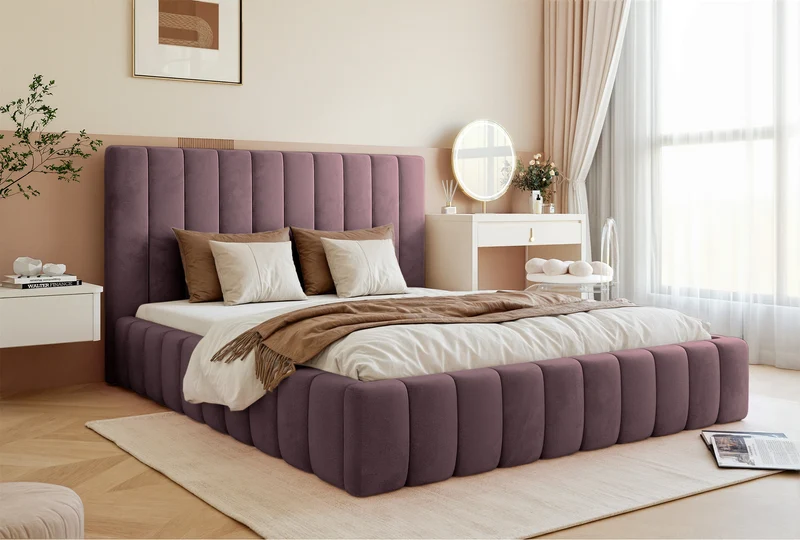 Polsterbett 180x200 cm Fiarro mit Bettkasten, violetter Samt, Metallrahmen
