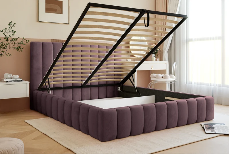 Polsterbett 180x200 cm Fiarro mit Bettkasten, violetter Samt, Metallrahmen